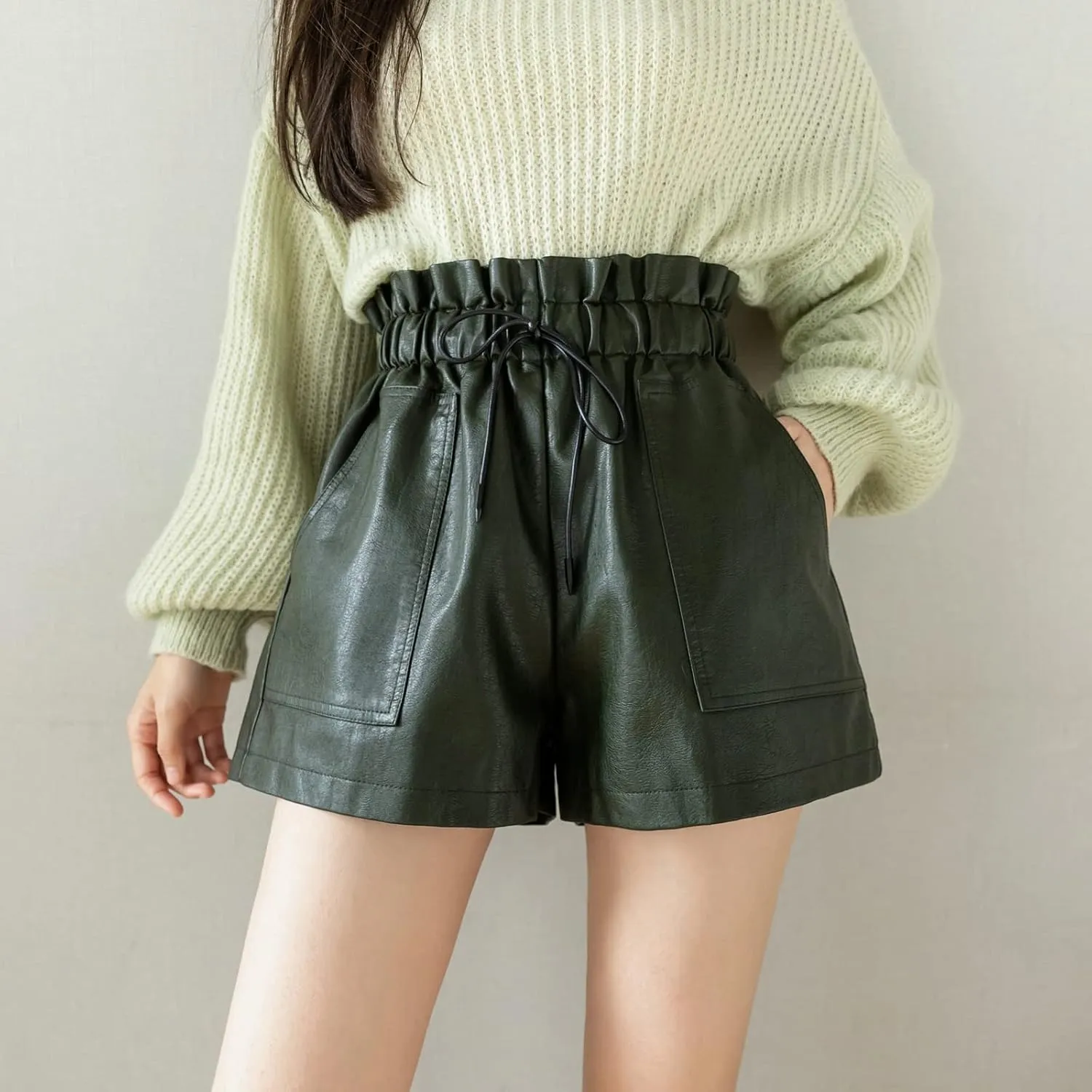 High Waisted Wide Leg Black Faux Leather Shorts for Women