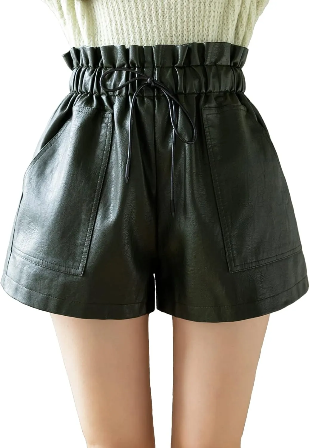 High Waisted Wide Leg Black Faux Leather Shorts for Women