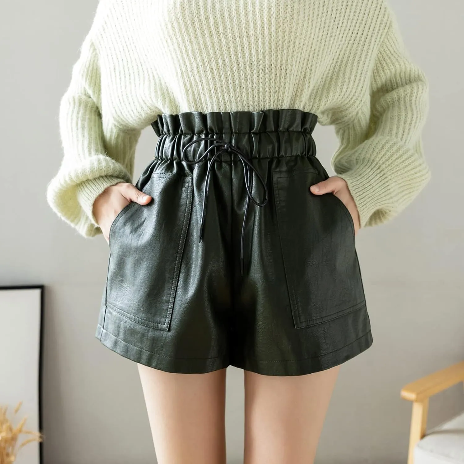 High Waisted Wide Leg Black Faux Leather Shorts for Women