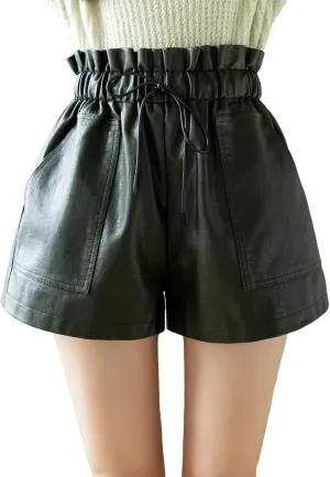 High Waisted Wide Leg Black Faux Leather Shorts for Women