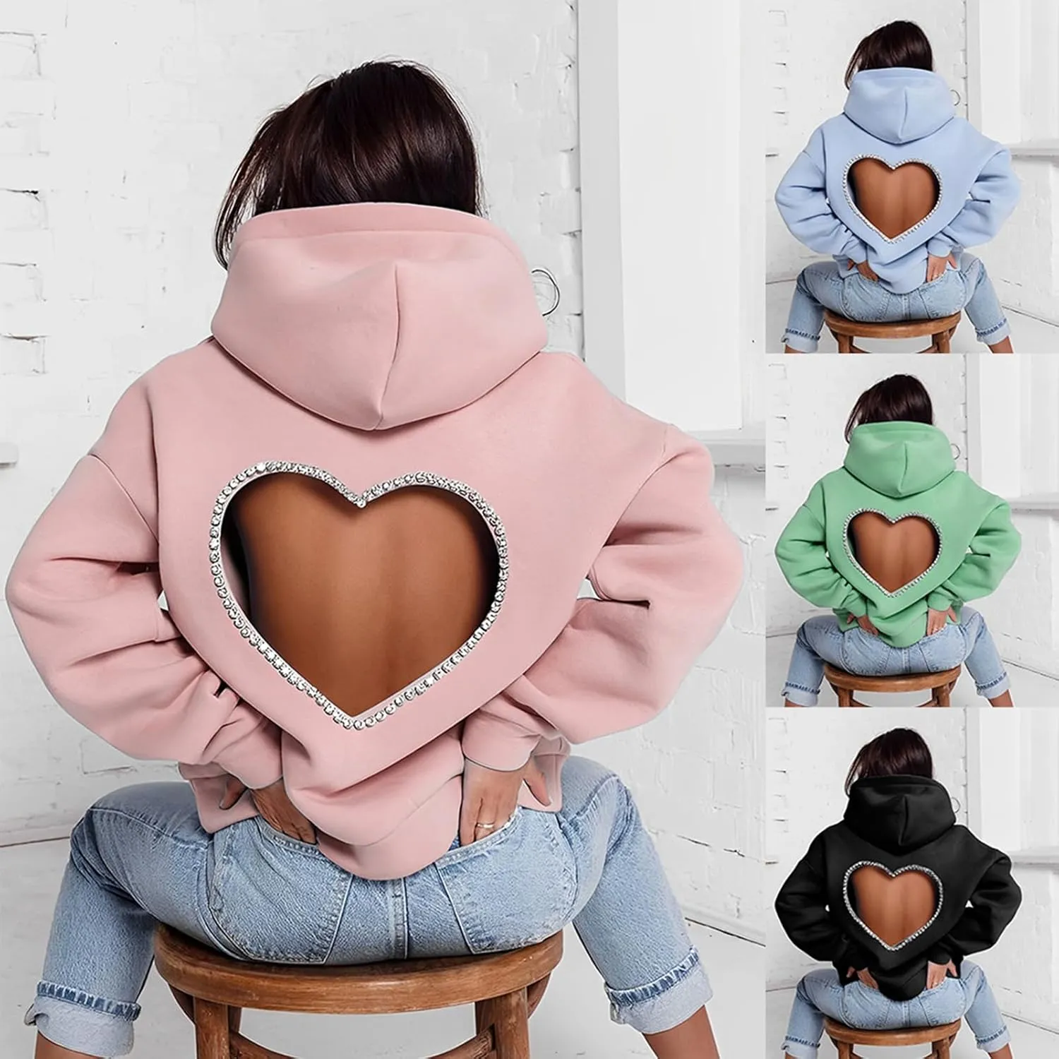 Hoodies for Women Diamonds Sweet Love Cutout Backless Sweatshirts Oversized Hooded Sweatshirt Casual Loose Pullover