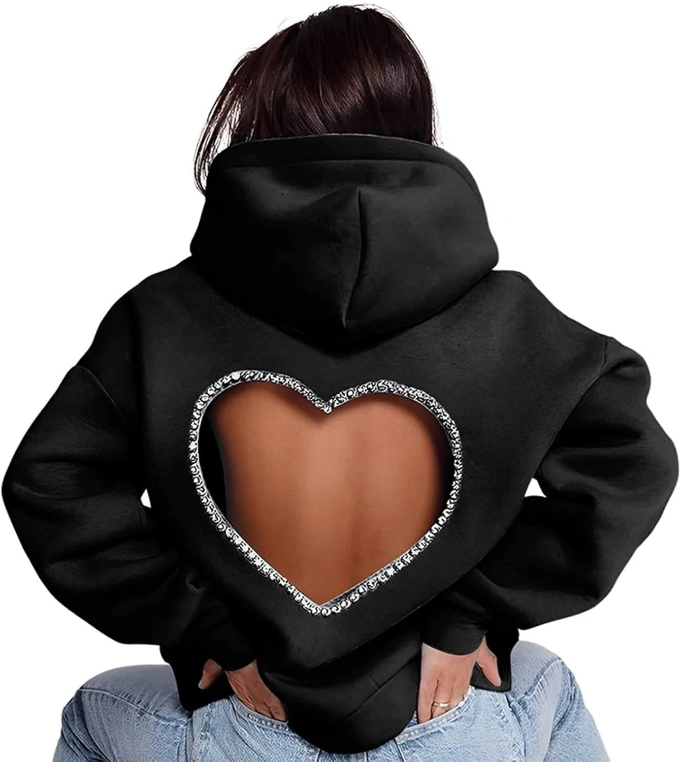Hoodies for Women Diamonds Sweet Love Cutout Backless Sweatshirts Oversized Hooded Sweatshirt Casual Loose Pullover