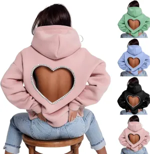 Hoodies for Women Diamonds Sweet Love Cutout Backless Sweatshirts Oversized Hooded Sweatshirt Casual Loose Pullover