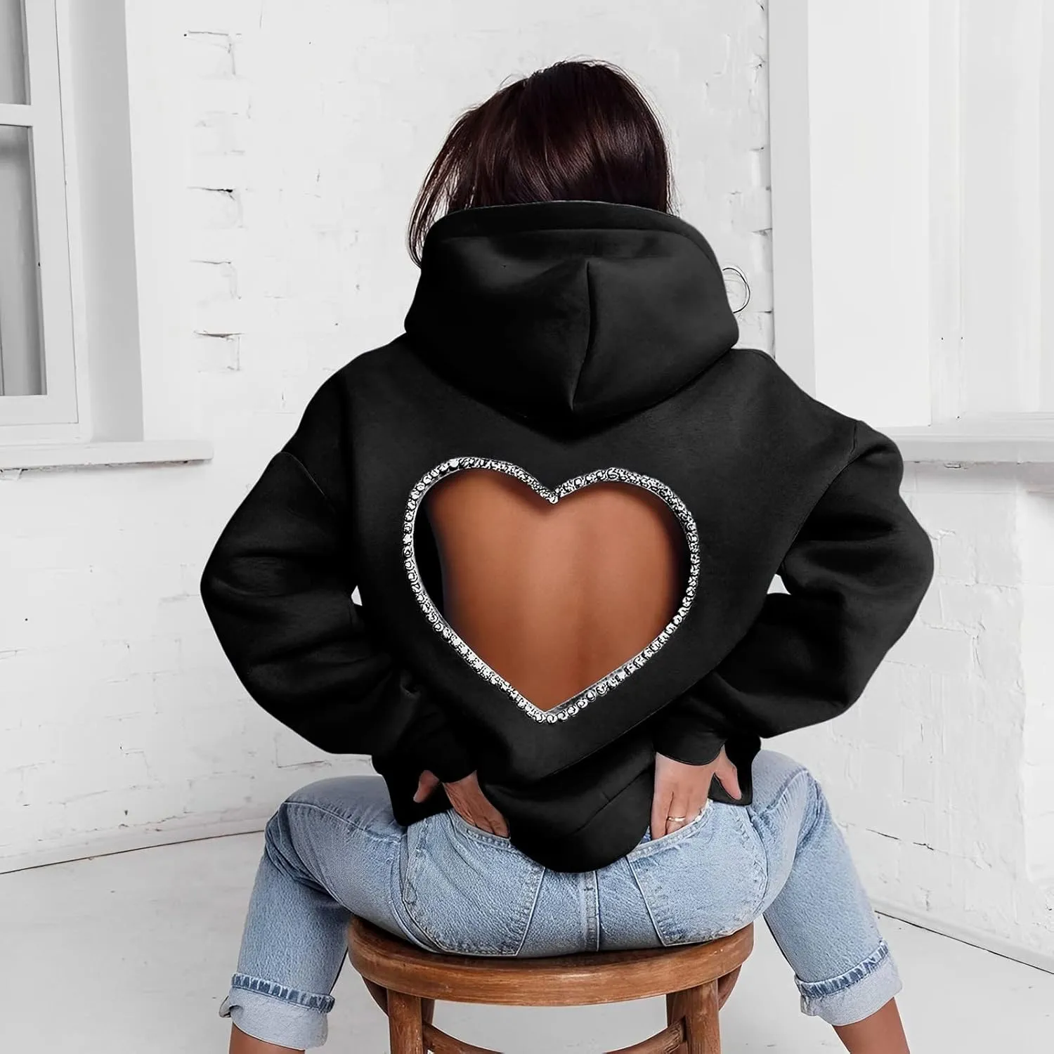 Hoodies for Women Diamonds Sweet Love Cutout Backless Sweatshirts Oversized Hooded Sweatshirt Casual Loose Pullover