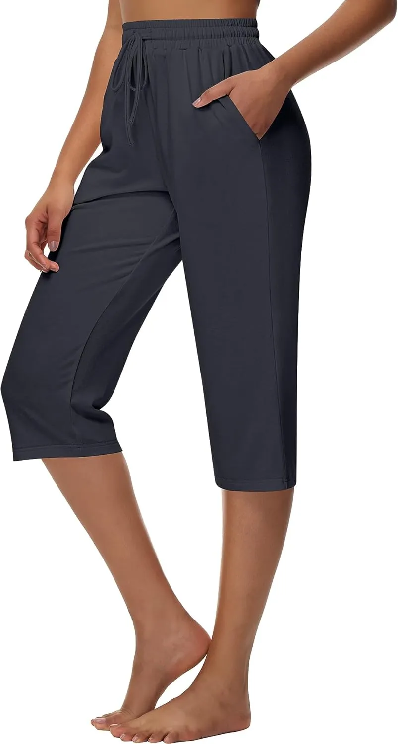 Huukeay 3 Pack Women's Capri Sweatpants, Cozy Lounge Drawstring Capris with Pockets Wide Legs Jogger Workout Yoga Pants