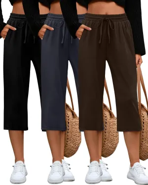 Huukeay 3 Pack Women's Capri Sweatpants, Cozy Lounge Drawstring Capris with Pockets Wide Legs Jogger Workout Yoga Pants