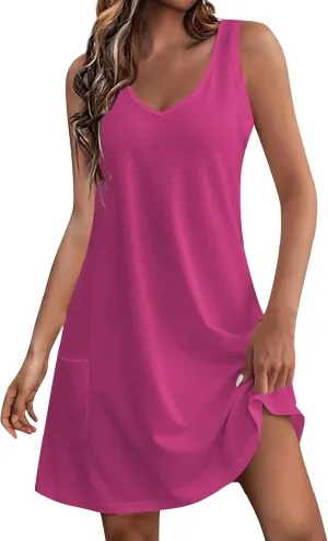 HXHYQKP Boho Mini Dress for Women 2025 Hawaiian Dresses Night Out Dress Sleeveless Tank Dress with Pockets