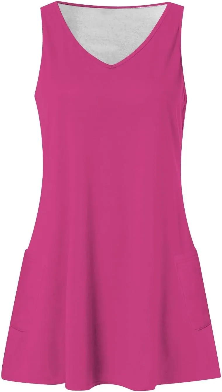 HXHYQKP Boho Mini Dress for Women 2025 Hawaiian Dresses Night Out Dress Sleeveless Tank Dress with Pockets