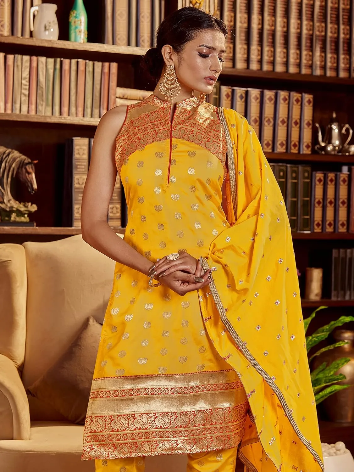 Indian Kurti Pant for Womens With Silk Dupatta | Art Silk Woven Readymade Kurtis Stitched Kurta For Pakistani Women