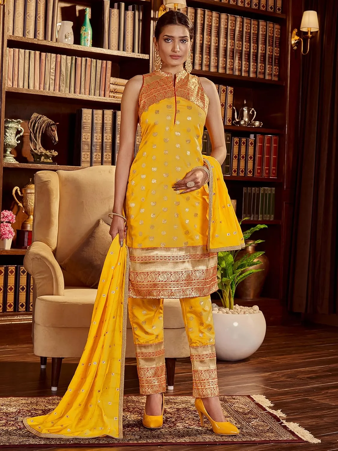 Indian Kurti Pant for Womens With Silk Dupatta | Art Silk Woven Readymade Kurtis Stitched Kurta For Pakistani Women