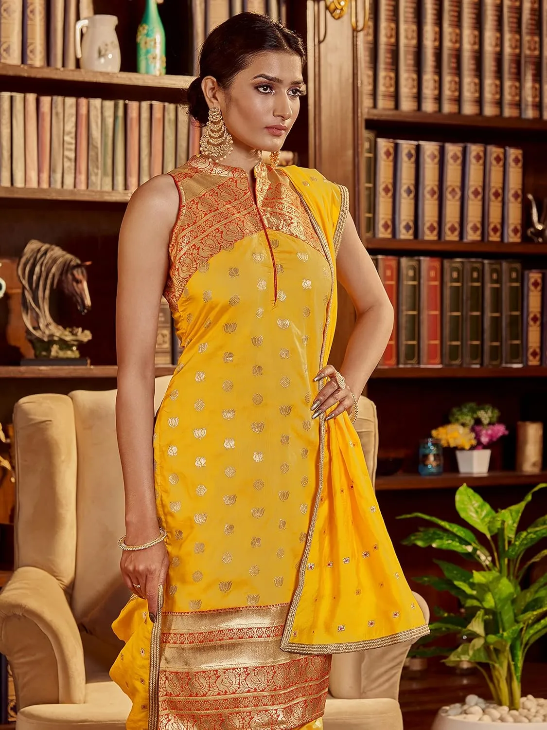 Indian Kurti Pant for Womens With Silk Dupatta | Art Silk Woven Readymade Kurtis Stitched Kurta For Pakistani Women