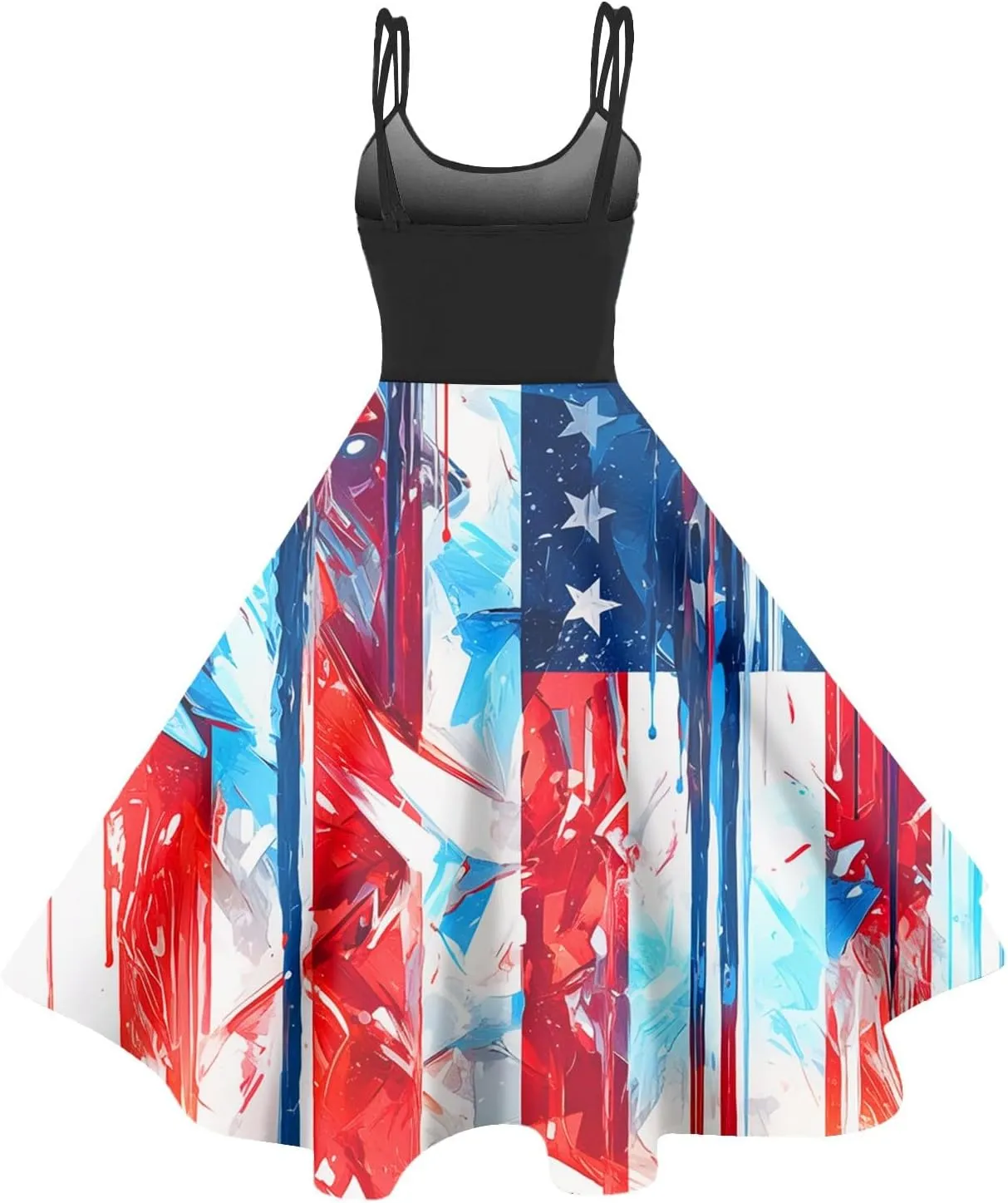 July 4th Dresses Women Trendy Ruffle Punk Vintage A-Line Flag Cocktail Midi Dress Spaghetti Strap Independence Day Dress