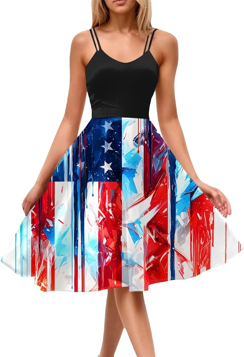 July 4th Dresses Women Trendy Ruffle Punk Vintage A-Line Flag Cocktail Midi Dress Spaghetti Strap Independence Day Dress