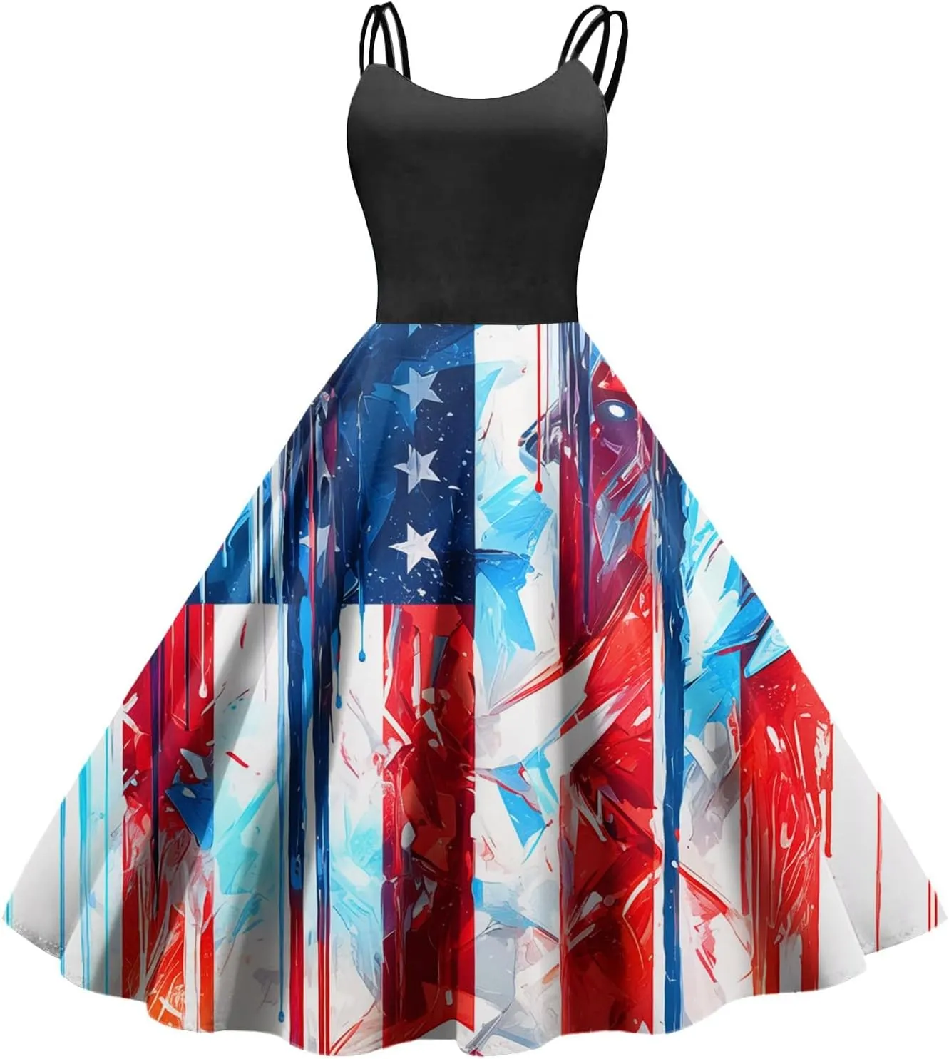 July 4th Dresses Women Trendy Ruffle Punk Vintage A-Line Flag Cocktail Midi Dress Spaghetti Strap Independence Day Dress