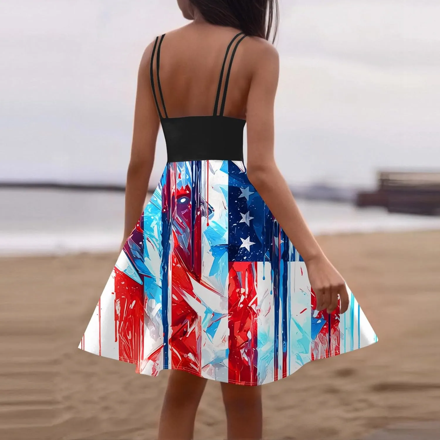 July 4th Dresses Women Trendy Ruffle Punk Vintage A-Line Flag Cocktail Midi Dress Spaghetti Strap Independence Day Dress