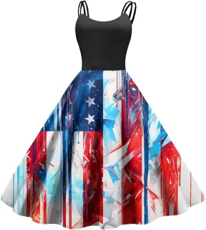 July 4th Dresses Women Trendy Ruffle Punk Vintage A-Line Flag Cocktail Midi Dress Spaghetti Strap Independence Day Dress