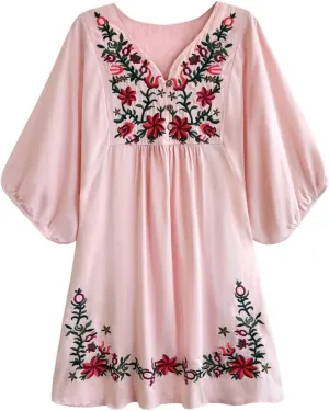 Kafeimali Women's Summer Mini Dress Bohemian Embroidery Tunic Shift Blouse