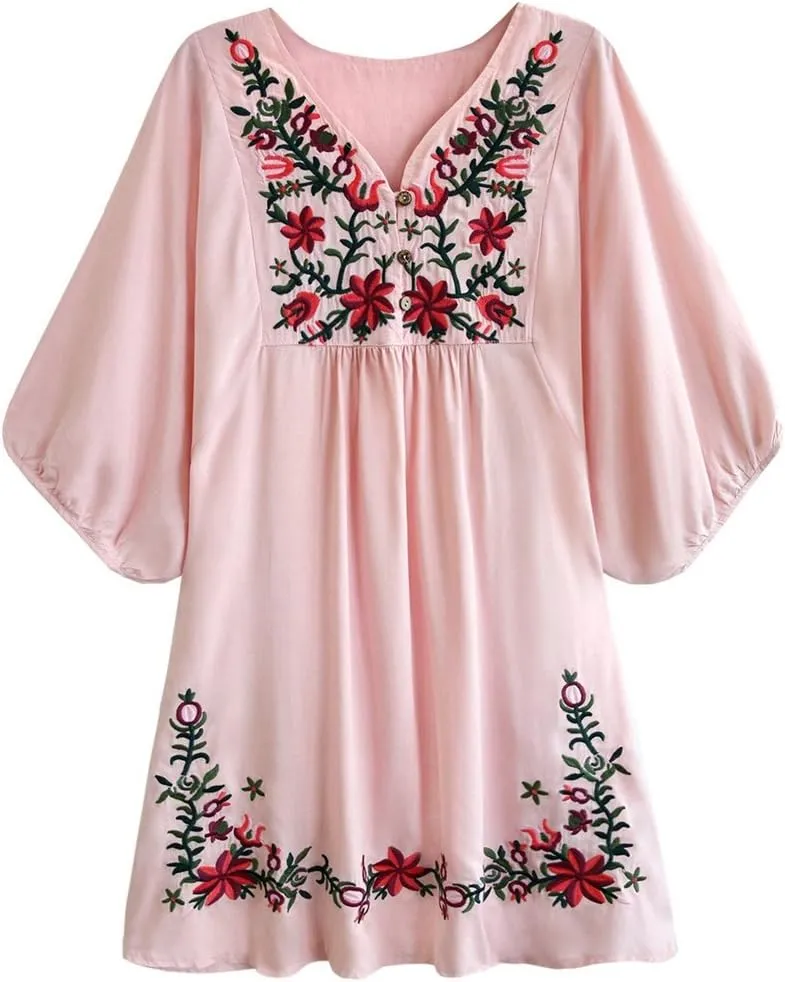 Kafeimali Women's Summer Mini Dress Bohemian Embroidery Tunic Shift Blouse
