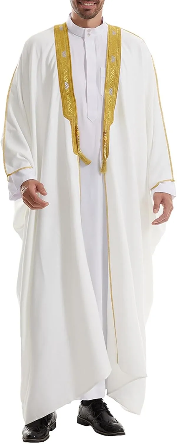 Kaftan Thobe for Men Bid and Tall Abaya Cloak Long Sleeve Fashion Embroidery Muslim Thobe Prayer Dubai Formal Outfits