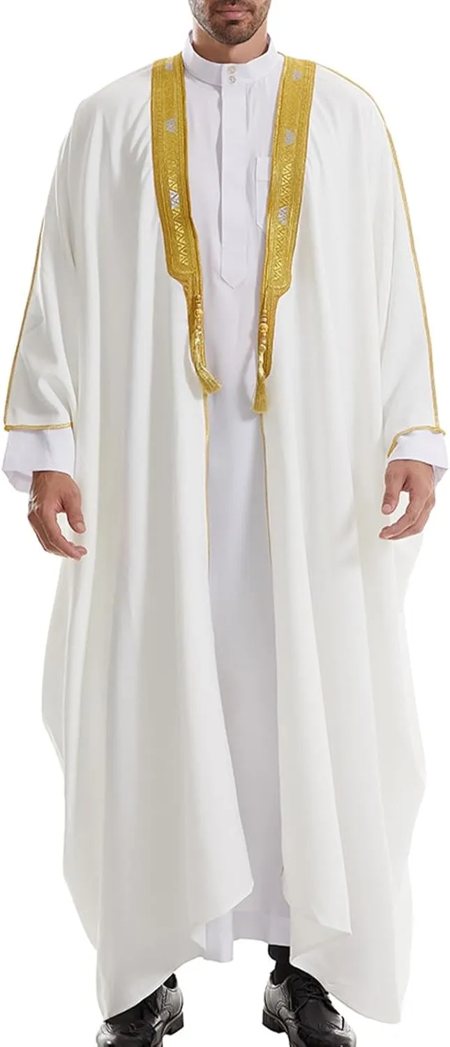 Kaftan Thobe for Men Bid and Tall Abaya Cloak Long Sleeve Fashion Embroidery Muslim Thobe Prayer Dubai Formal Outfits