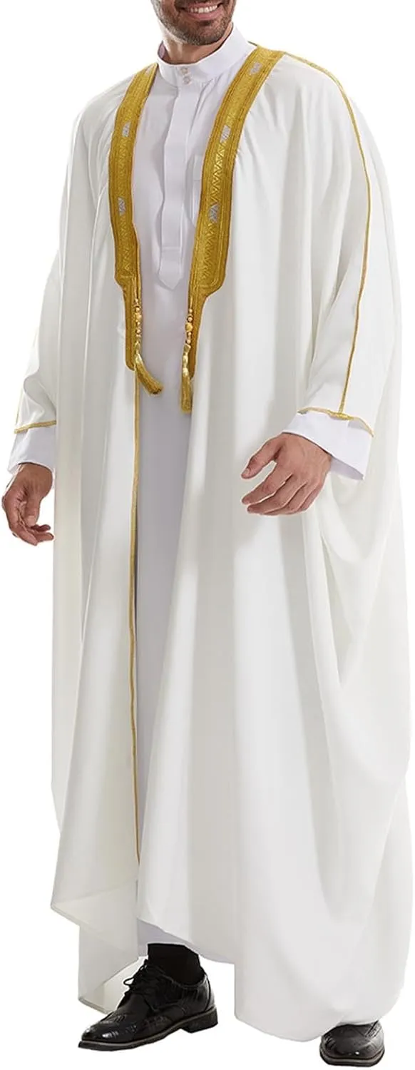 Kaftan Thobe for Men Bid and Tall Abaya Cloak Long Sleeve Fashion Embroidery Muslim Thobe Prayer Dubai Formal Outfits