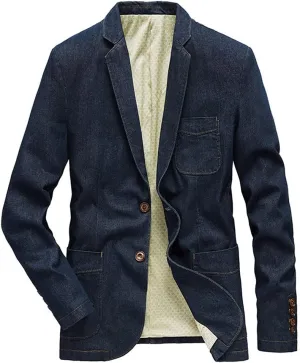 Kedera Mens Classic Notched Collar 2 Button Washed Denim Blazer Jeans Suit Jacket