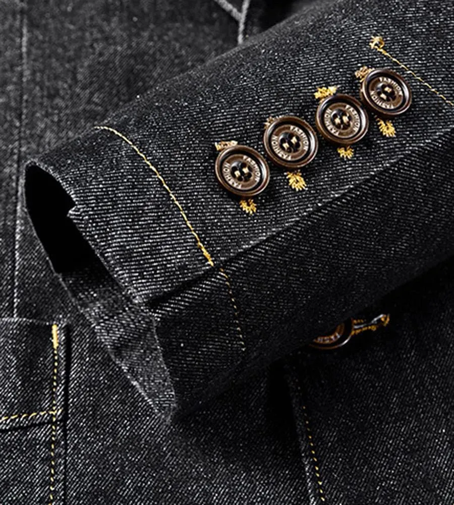 Kedera Mens Classic Notched Collar 2 Button Washed Denim Blazer Jeans Suit Jacket