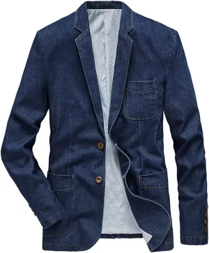 Kedera Mens Classic Notched Collar 2 Button Washed Denim Blazer Jeans Suit Jacket