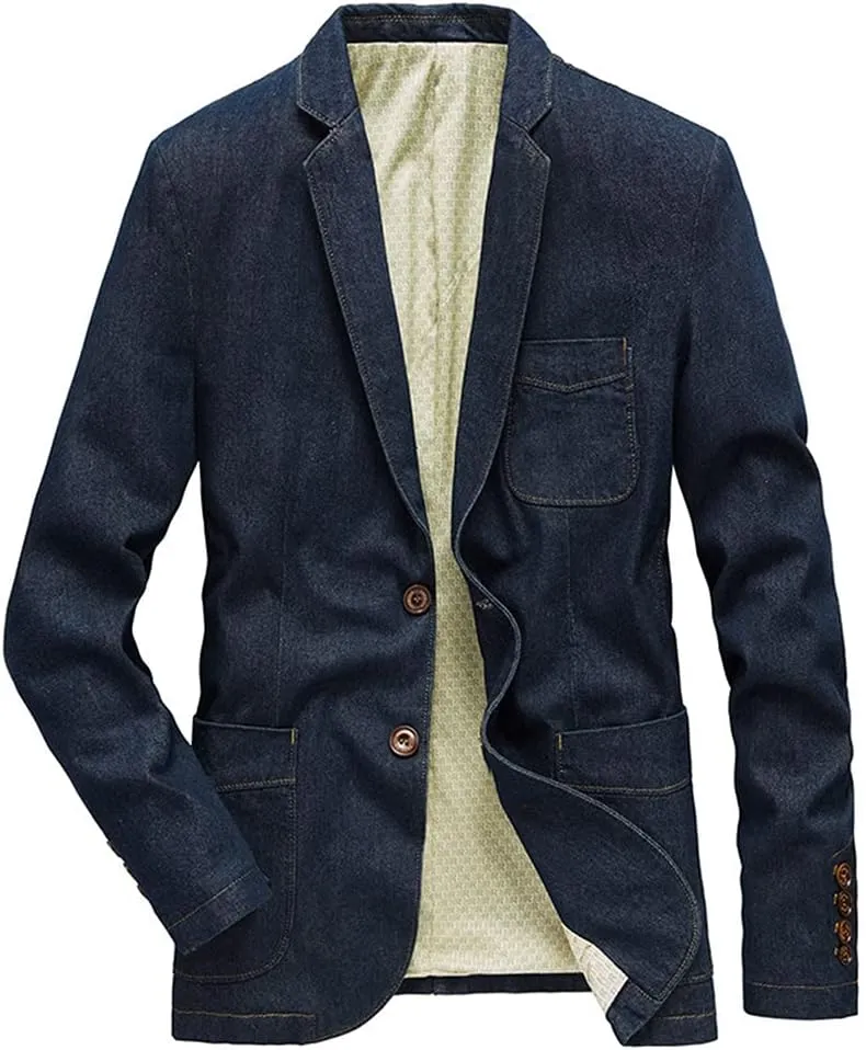 Kedera Mens Classic Notched Collar 2 Button Washed Denim Blazer Jeans Suit Jacket