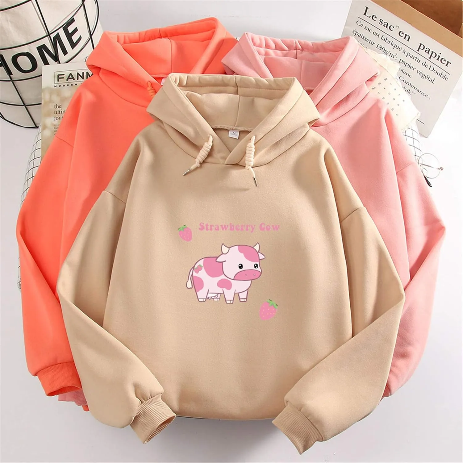 KEEVICI Pullover Sweatshirts for Women Cute Strawberry Cow Print Hoodie Casual Fuzzy Top