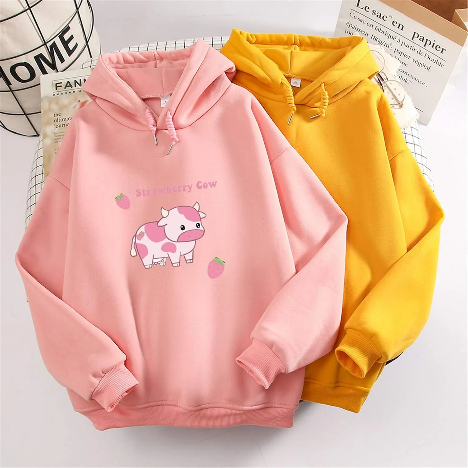 KEEVICI Pullover Sweatshirts for Women Cute Strawberry Cow Print Hoodie Casual Fuzzy Top