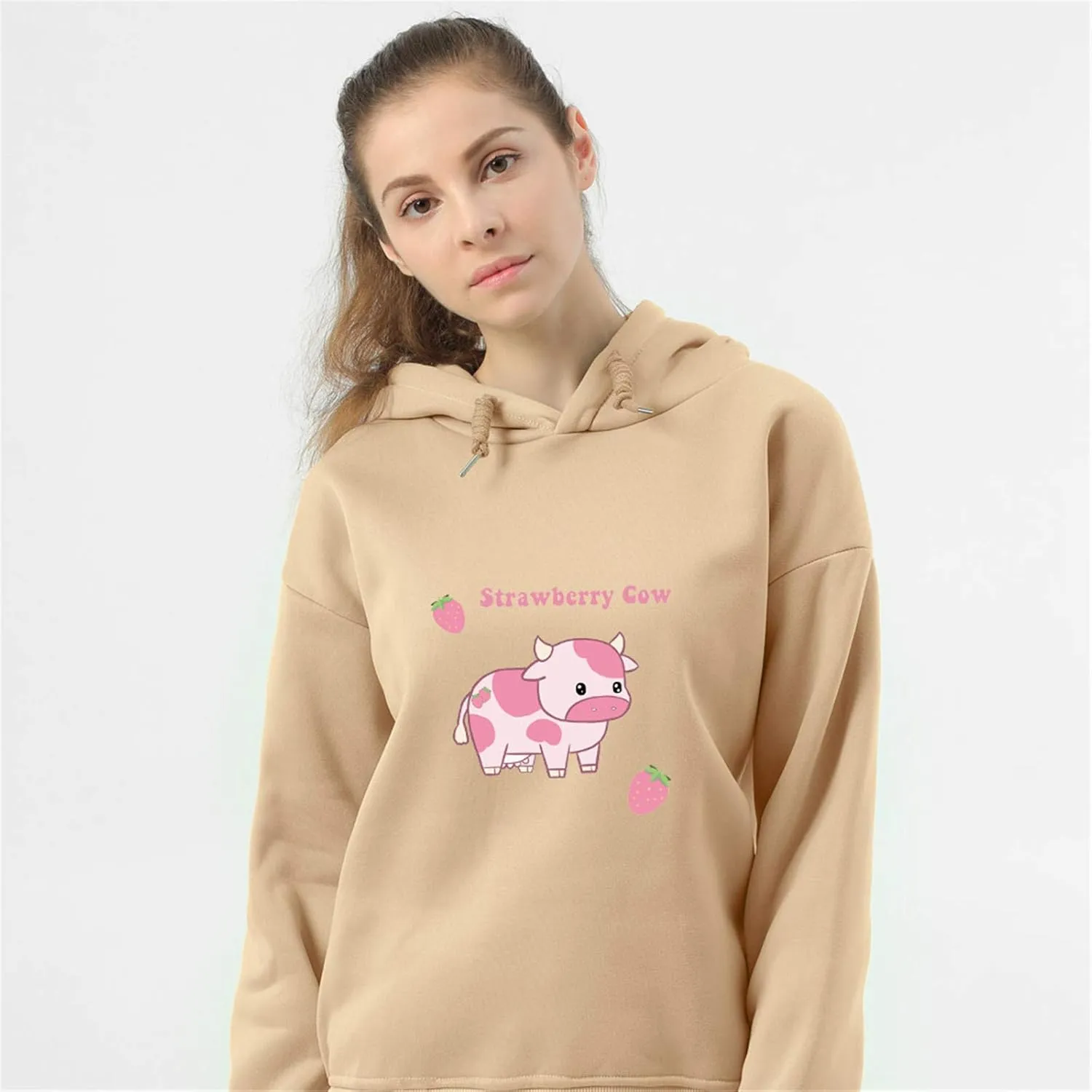 KEEVICI Pullover Sweatshirts for Women Cute Strawberry Cow Print Hoodie Casual Fuzzy Top