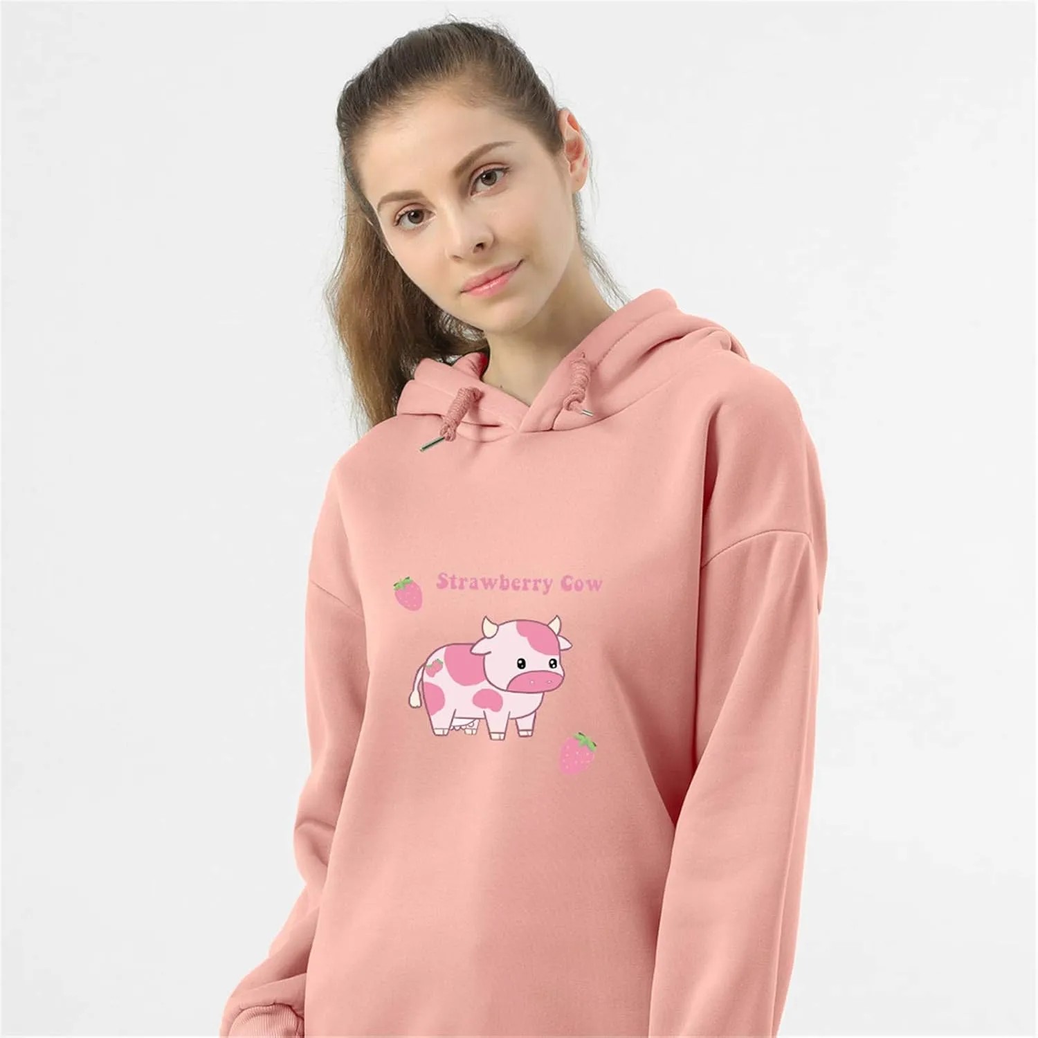 KEEVICI Pullover Sweatshirts for Women Cute Strawberry Cow Print Hoodie Casual Fuzzy Top