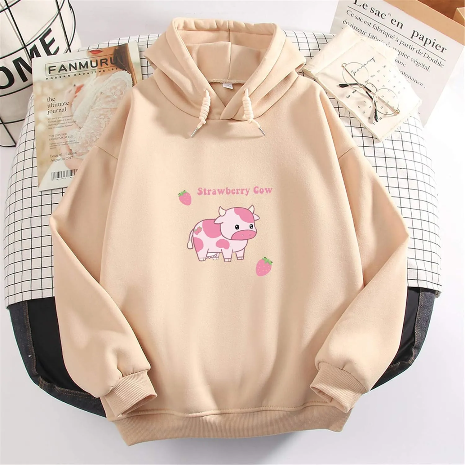KEEVICI Pullover Sweatshirts for Women Cute Strawberry Cow Print Hoodie Casual Fuzzy Top