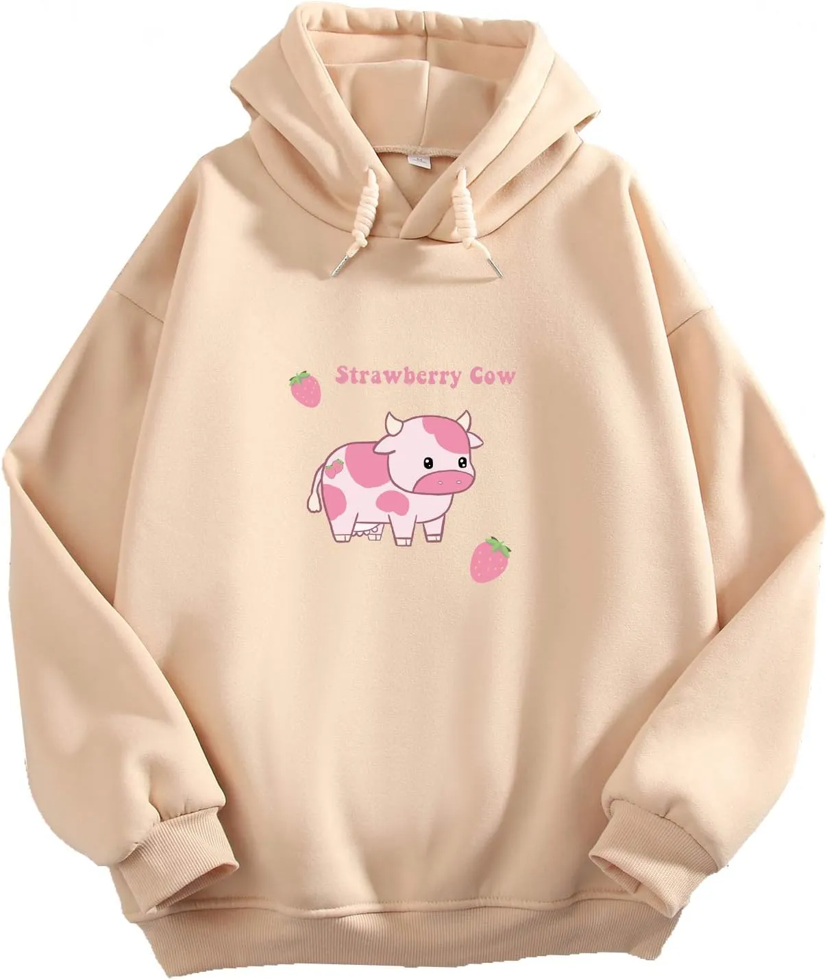 KEEVICI Pullover Sweatshirts for Women Cute Strawberry Cow Print Hoodie Casual Fuzzy Top