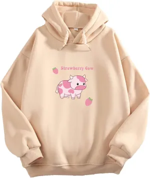 KEEVICI Pullover Sweatshirts for Women Cute Strawberry Cow Print Hoodie Casual Fuzzy Top