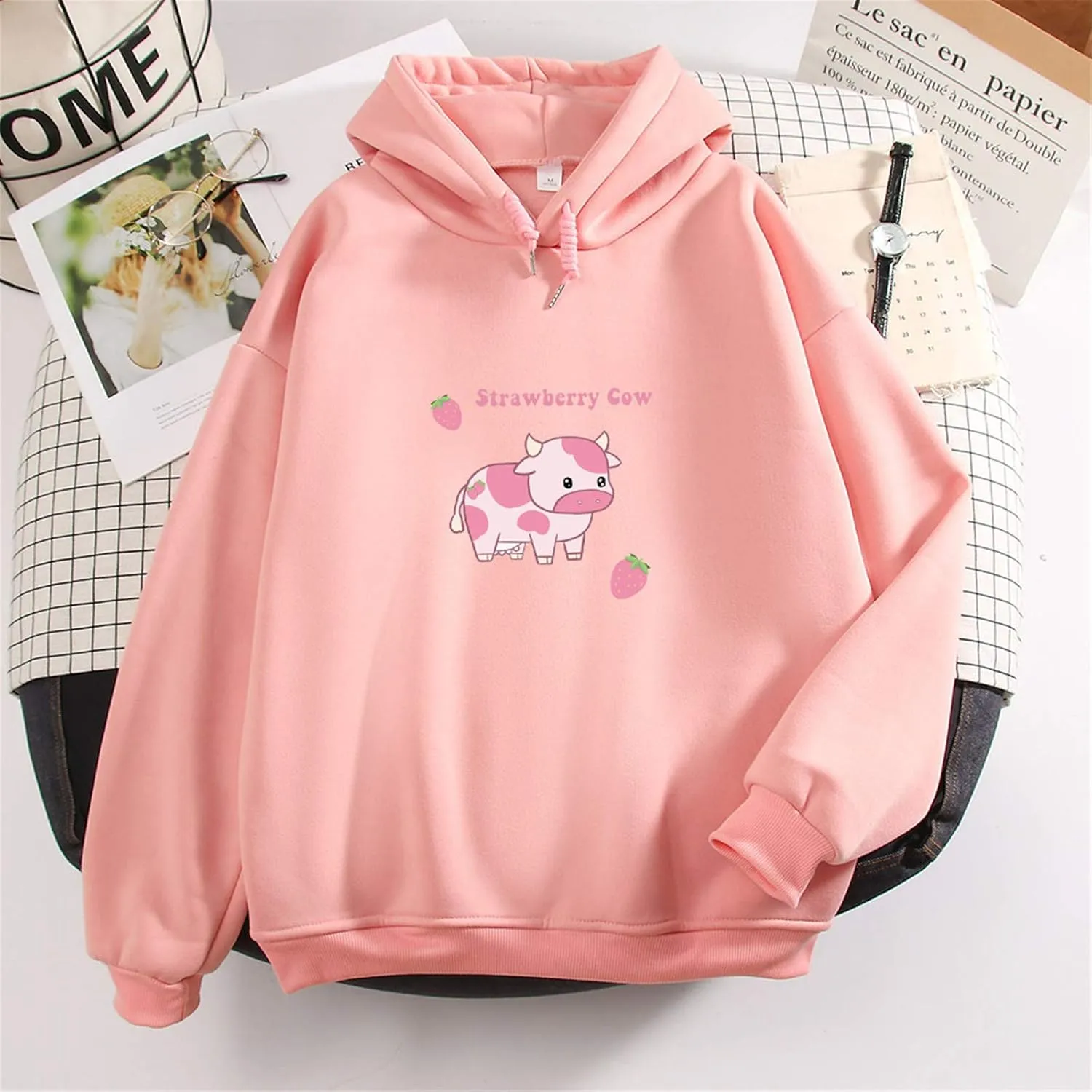 KEEVICI Pullover Sweatshirts for Women Cute Strawberry Cow Print Hoodie Casual Fuzzy Top