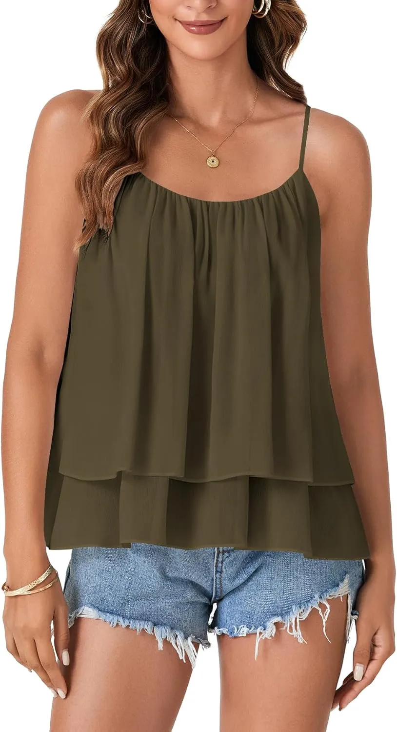 KIFOVEN Womens Summer Tank Top Sleeveless Flowy Cami Spaghetti Strap Loose Fit Layered Ruffle Basic Camisole