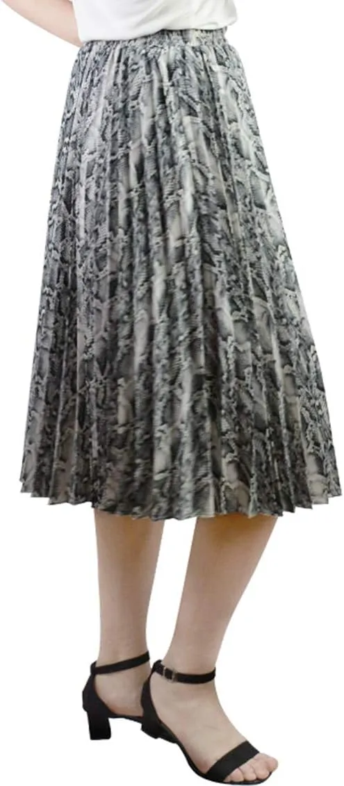 lalc Women's Summer Chiffon Casual Elastic Waist A Line Print Pleated Midi Skirt Dress