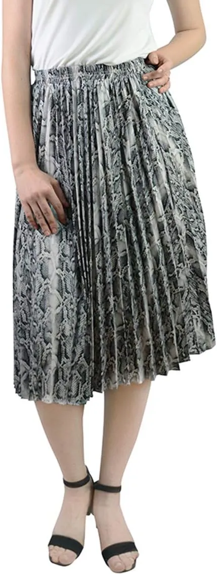 lalc Women's Summer Chiffon Casual Elastic Waist A Line Print Pleated Midi Skirt Dress