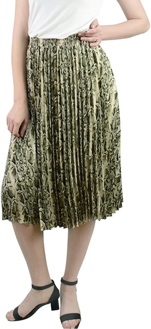 lalc Women's Summer Chiffon Casual Elastic Waist A Line Print Pleated Midi Skirt Dress