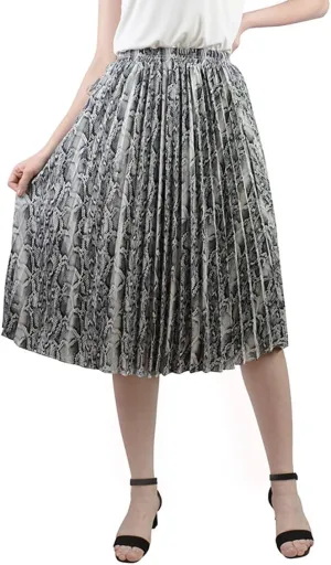 lalc Women's Summer Chiffon Casual Elastic Waist A Line Print Pleated Midi Skirt Dress