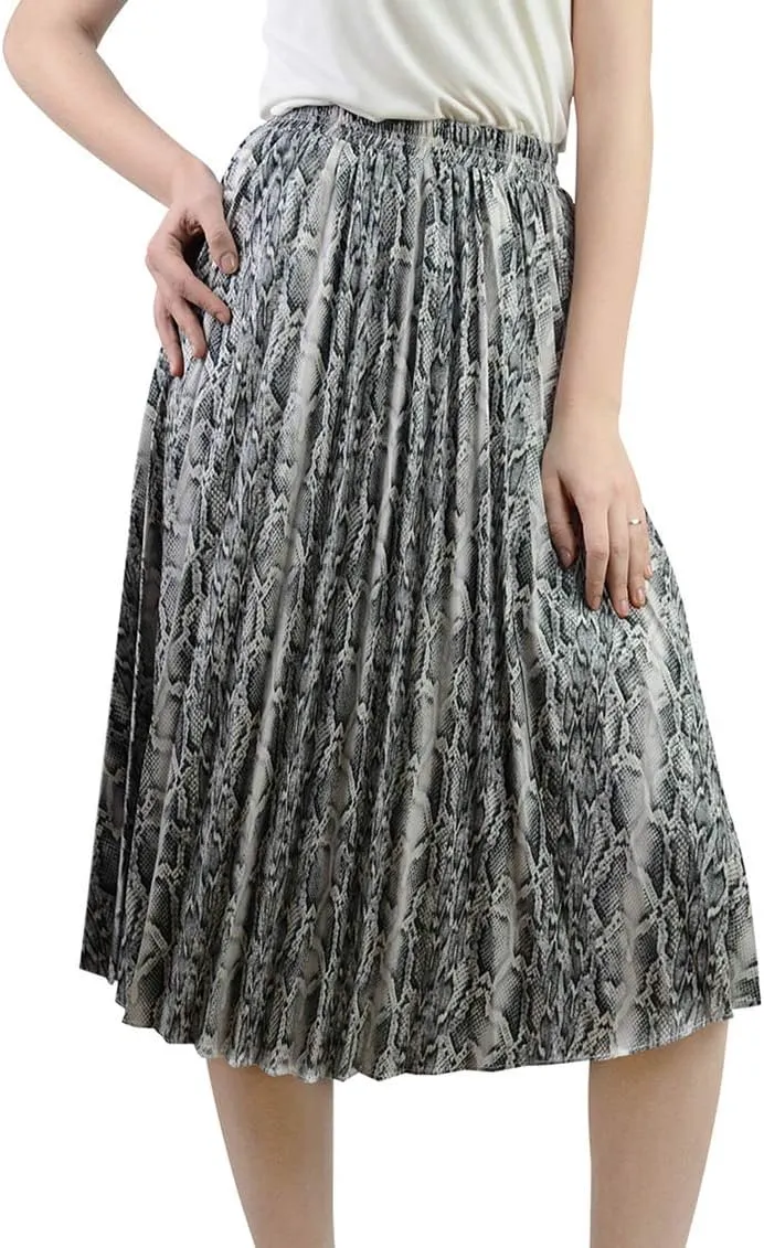 lalc Women's Summer Chiffon Casual Elastic Waist A Line Print Pleated Midi Skirt Dress