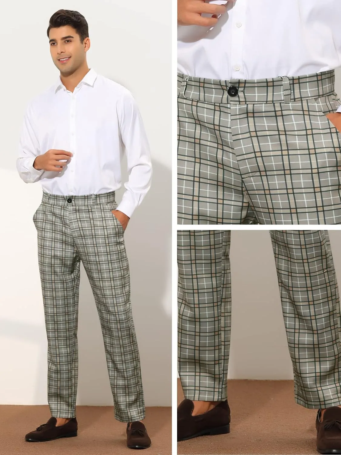 Lars Amadeus Plaid Suit Pants for Men's Straight Fit Casual Checked Pattern Trousers