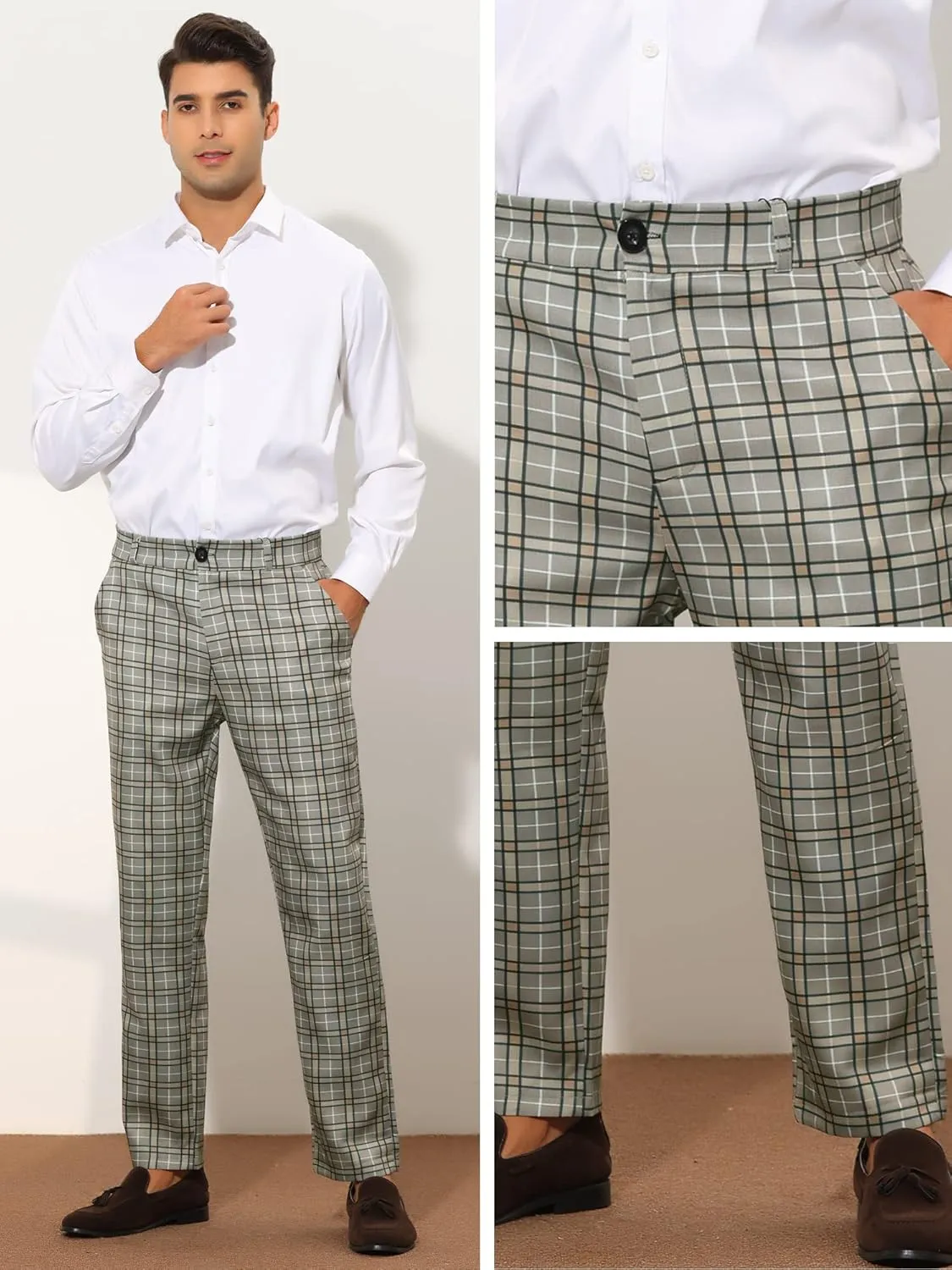 Lars Amadeus Plaid Suit Pants for Men's Straight Fit Casual Checked Pattern Trousers