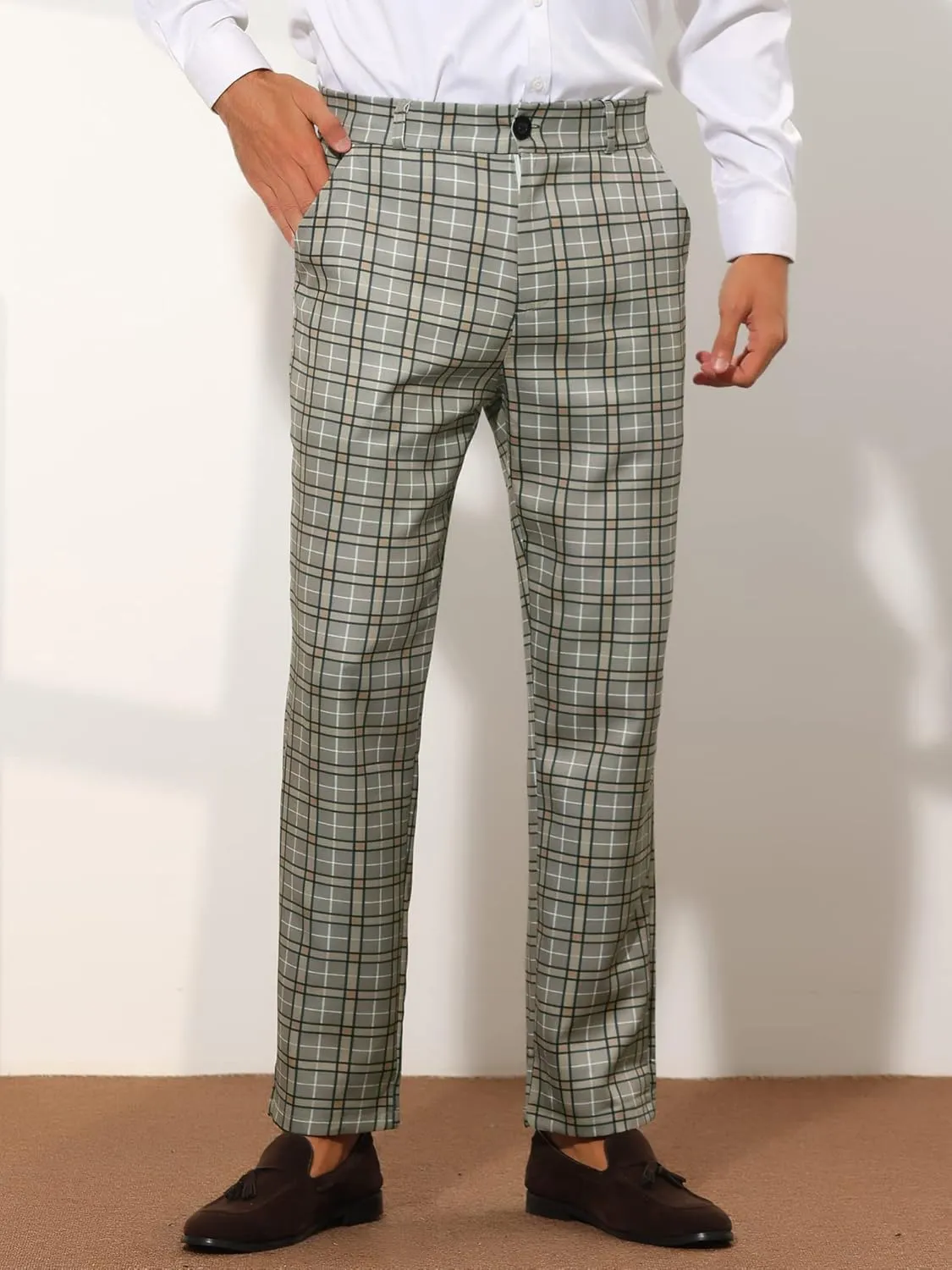 Lars Amadeus Plaid Suit Pants for Men's Straight Fit Casual Checked Pattern Trousers