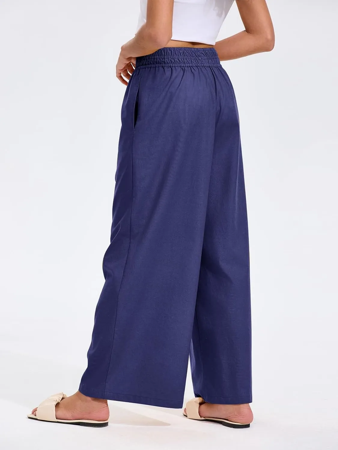 Les umes Womens Linen Wide Leg Pants Elastic Waist Cotton Loose Casual Baggy Trousers with Pockets