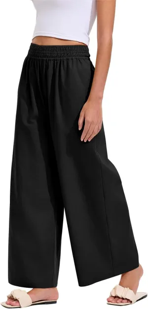 Les umes Womens Linen Wide Leg Pants Elastic Waist Cotton Loose Casual Baggy Trousers with Pockets