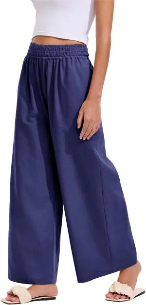 Les umes Womens Linen Wide Leg Pants Elastic Waist Cotton Loose Casual Baggy Trousers with Pockets