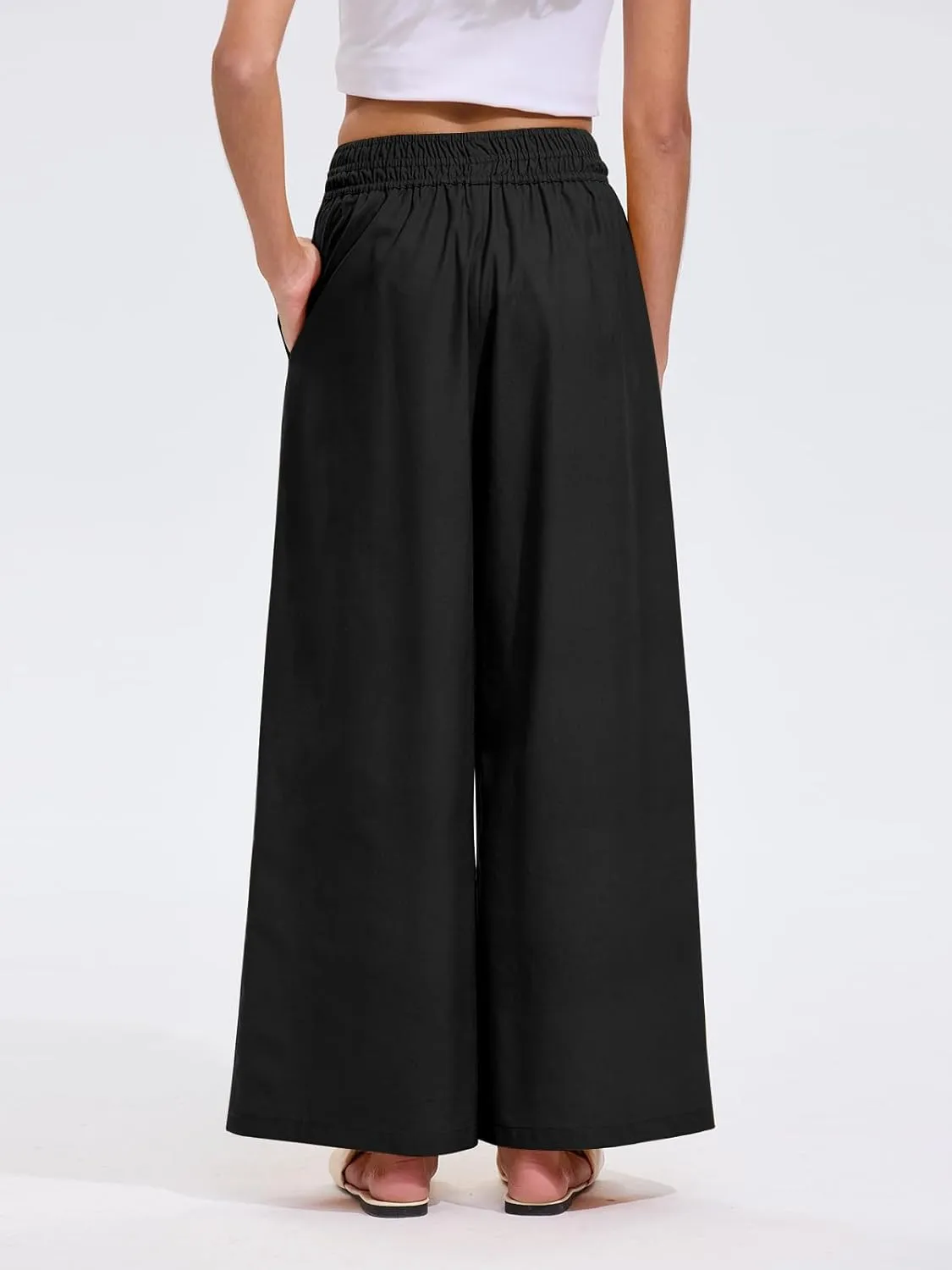 Les umes Womens Linen Wide Leg Pants Elastic Waist Cotton Loose Casual Baggy Trousers with Pockets